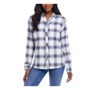 Weatherproof Women's XL Brushed Flannel Shirt Blue Plaid Long Sleeve Notch Vneck